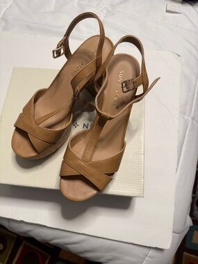 Sun + Stone Tan Cross-Strap Slingback Wedge Sandals